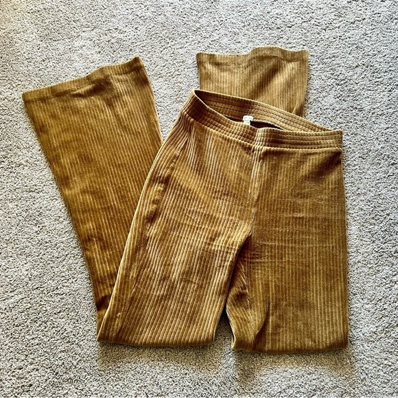 Aerie Groove On Sizs S Tan/Brown Velour Ribbed Flare Pants Pull On Bell Bottom - Picture 2 of 4